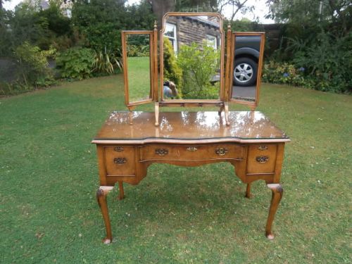 Antique Burr Walnut Dressing Table & Triptych Mirror (1 of 1)