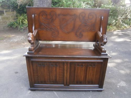 Antique Carved Oak Monks Bench Hall Seat Settle c.1910 (1 of 1)