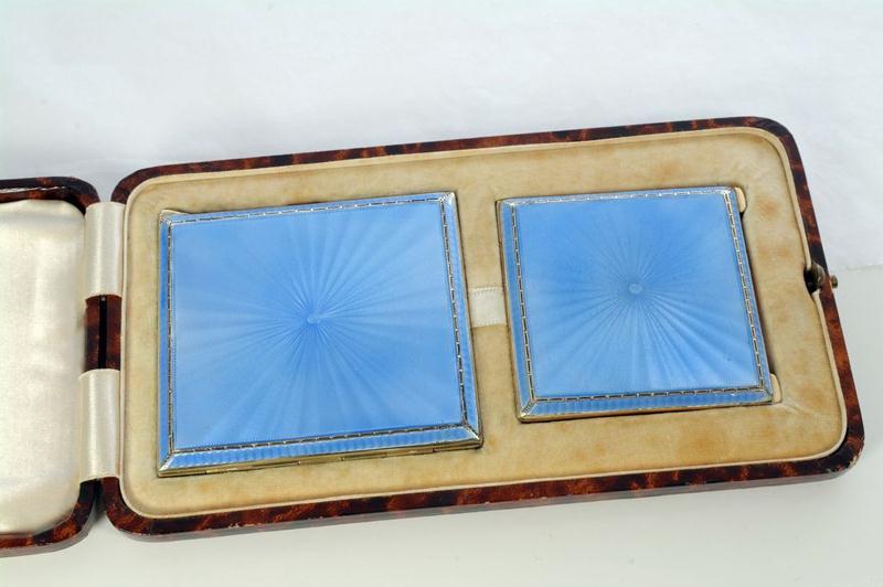 Art Deco Cased Sterling Silver Guilloche Enamel Cigarette Case & Compact (1 of 1)