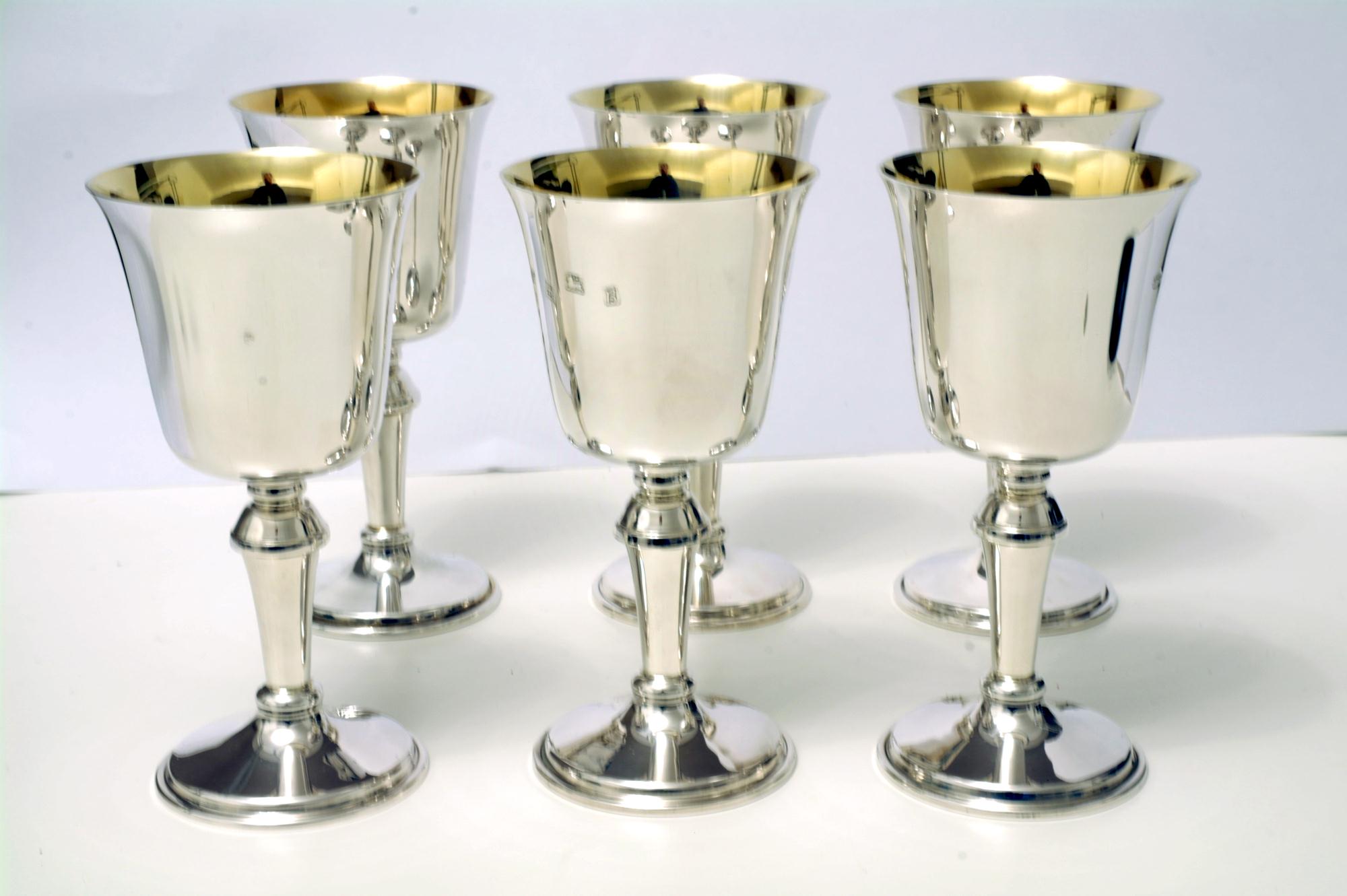 Fine Set of Vintage English Solid Hallmarked Silver Gilt Goblets (1 of 1)
