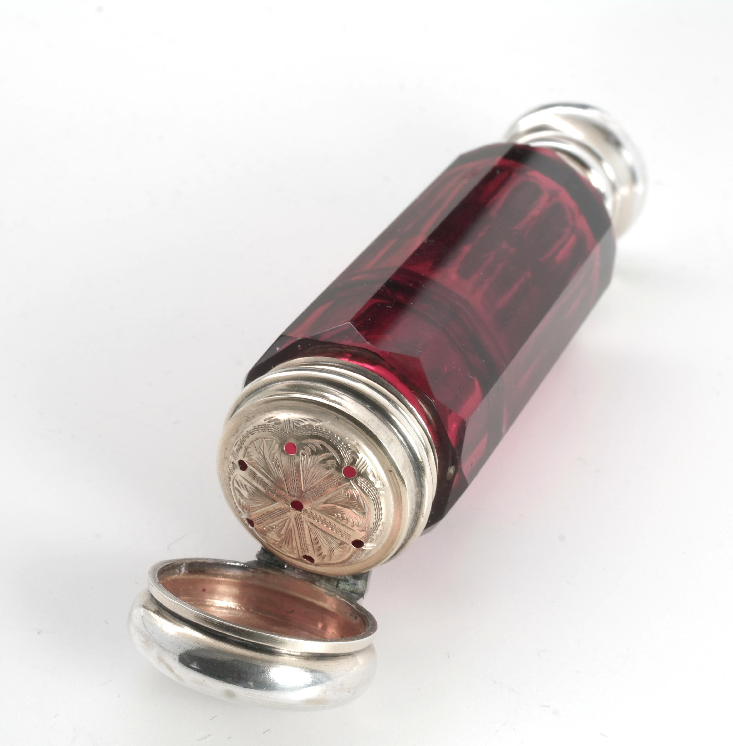 Antique Ruby Glass & Silver Double Ended Scent Bottle / Vinaigrette (1 of 1)