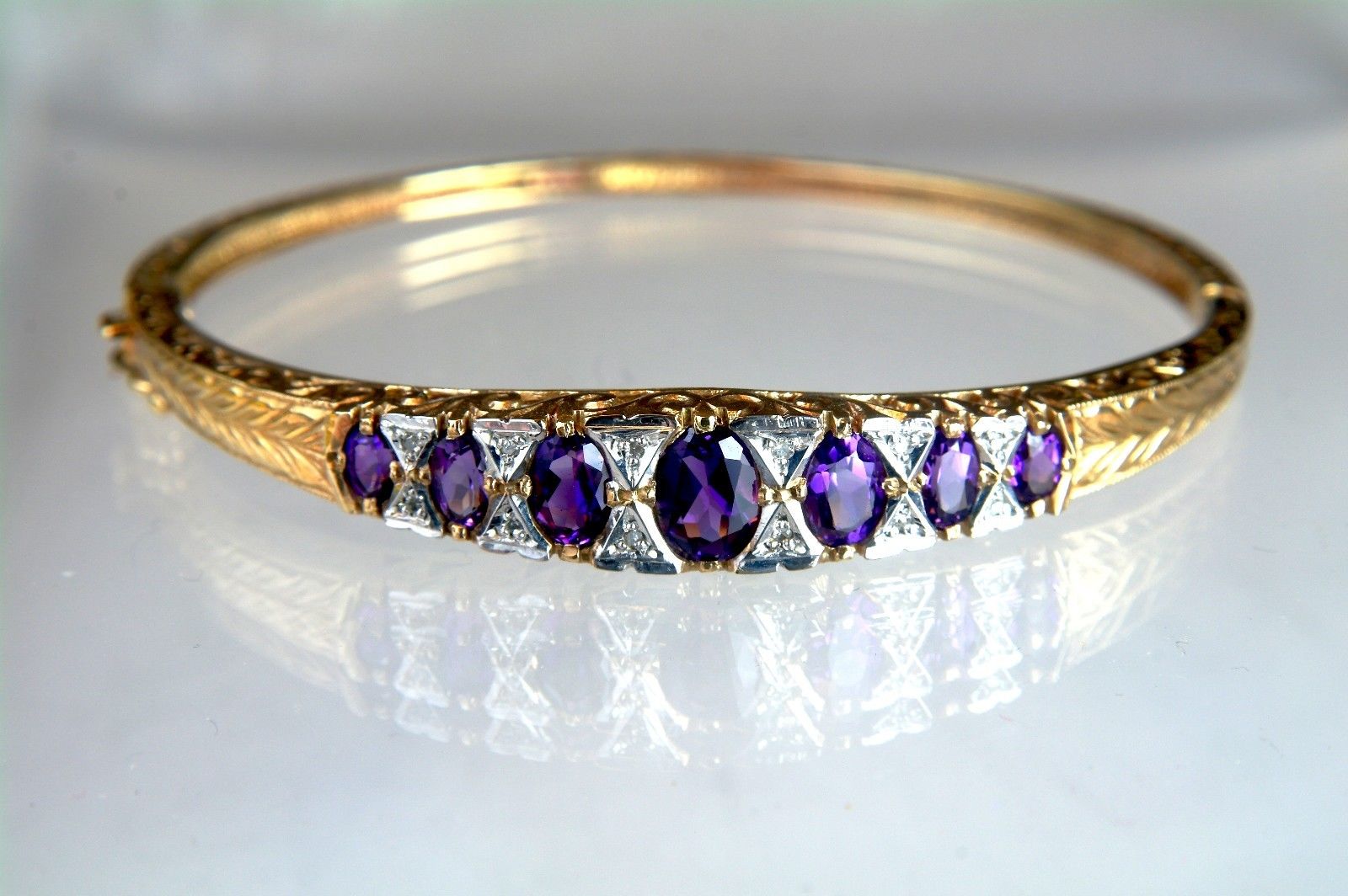 Hallmarked 9k Yellow Gold Amethyst Diamond Hinged Bangle Bracelet (1 of 1)