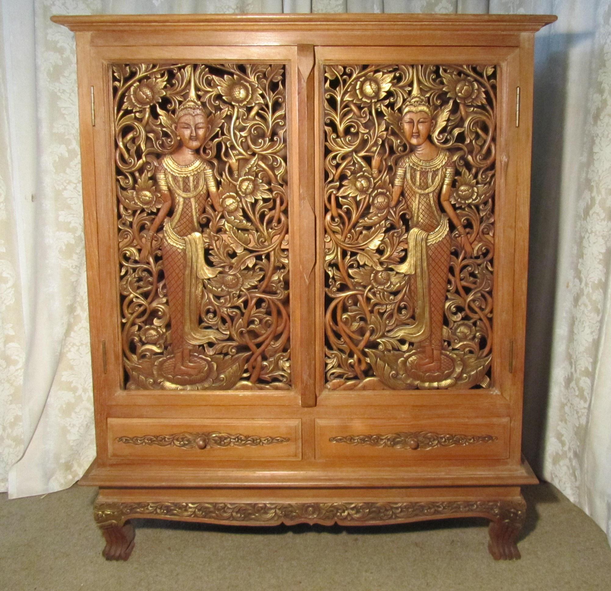 Oriental Carved Teak and Gold Two Door Cupboard (1 of 1)