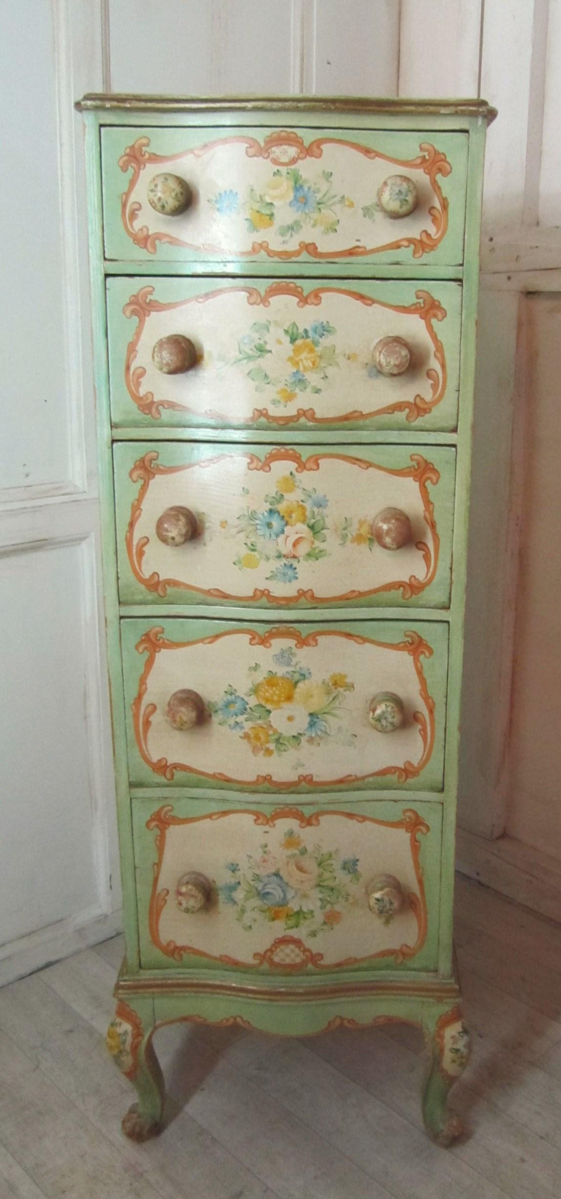 Original Shabby Painted Tall Serpentine Chest of Drawers, Five drawer Chest (1 of 1)