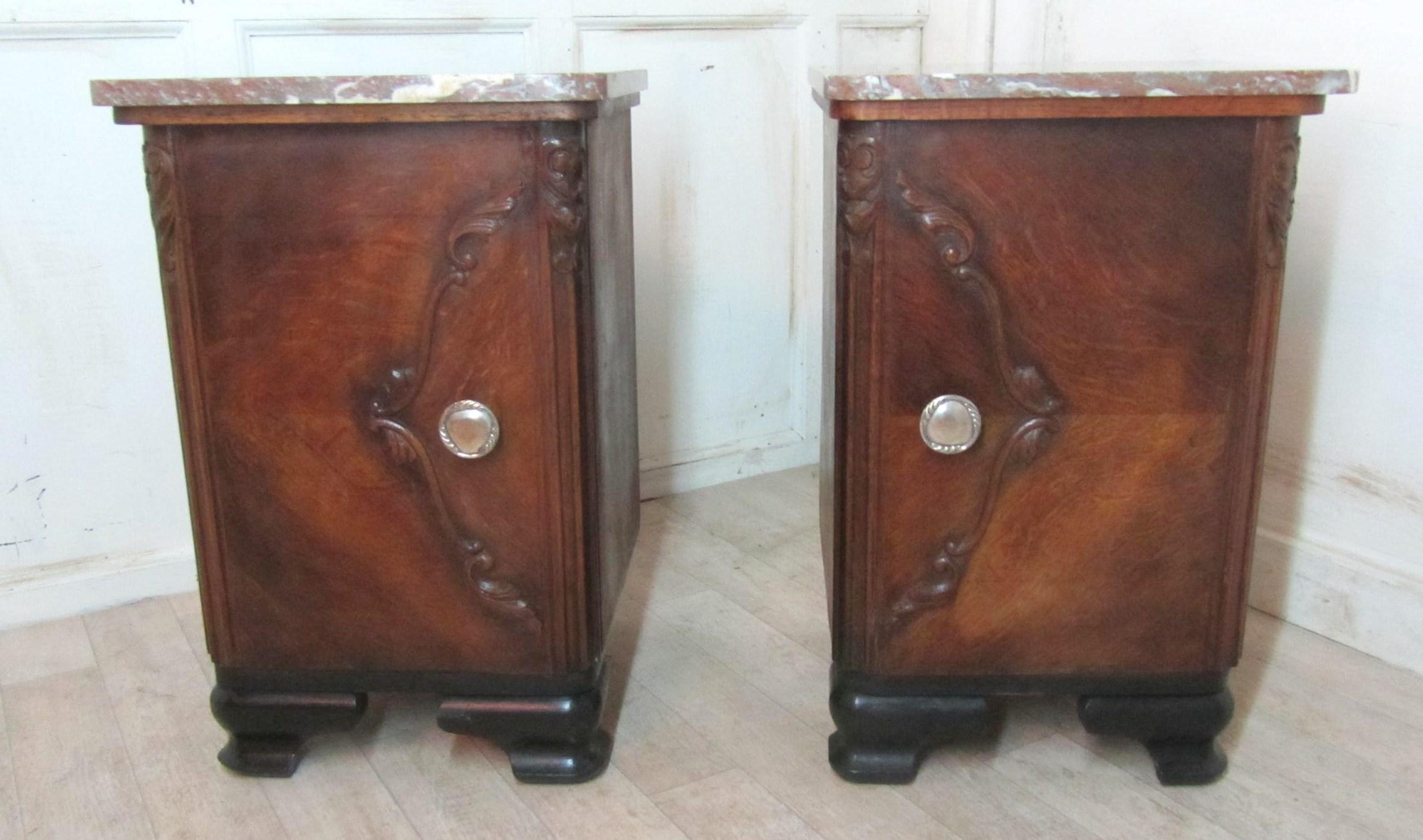 Pair French Marble Topped Oak Art Deco Bedside Cupboards (1 of 1)