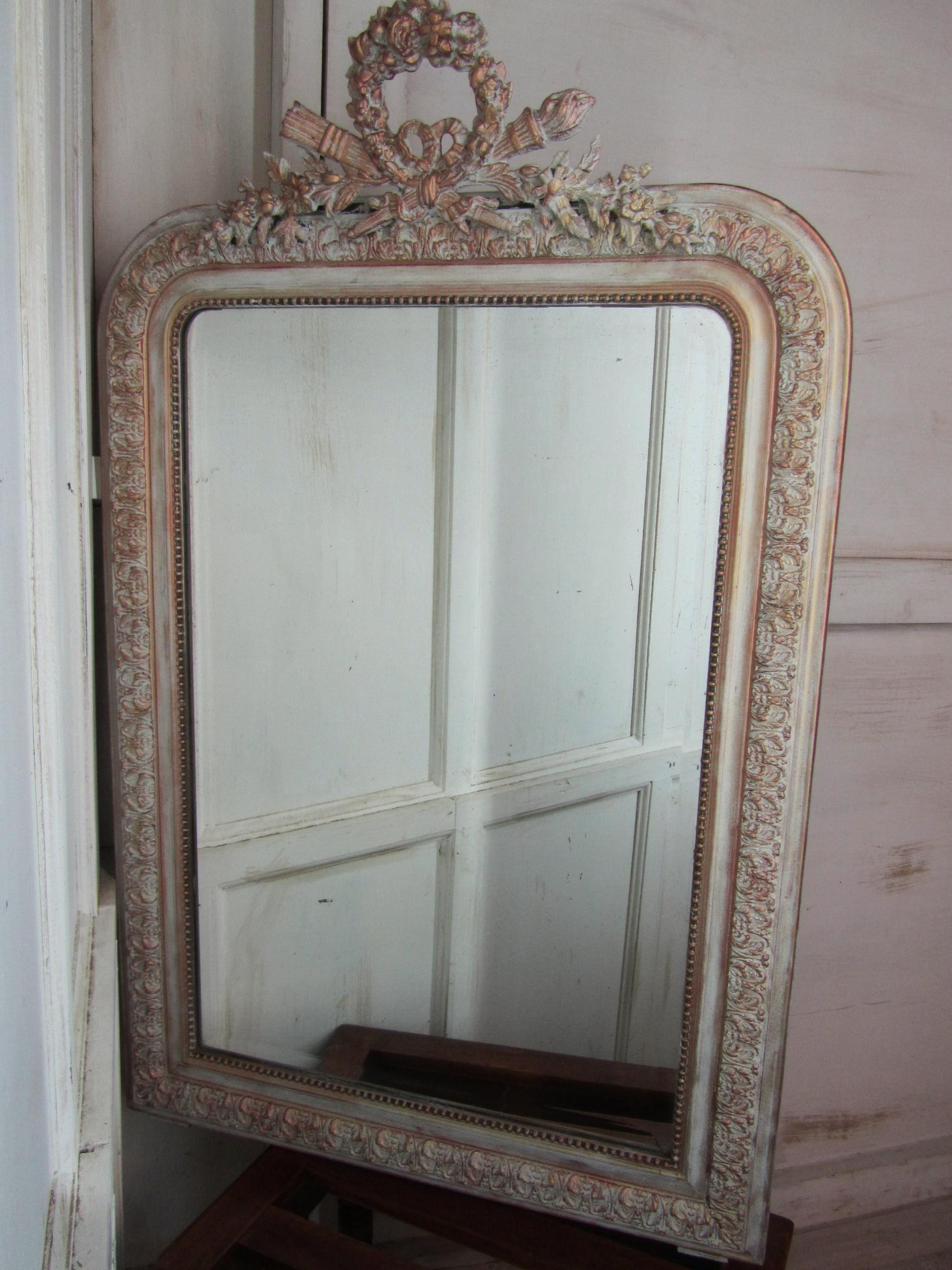Large 19th Century French Shabby Painted and Gilt Wall Mirror (1 of 1)