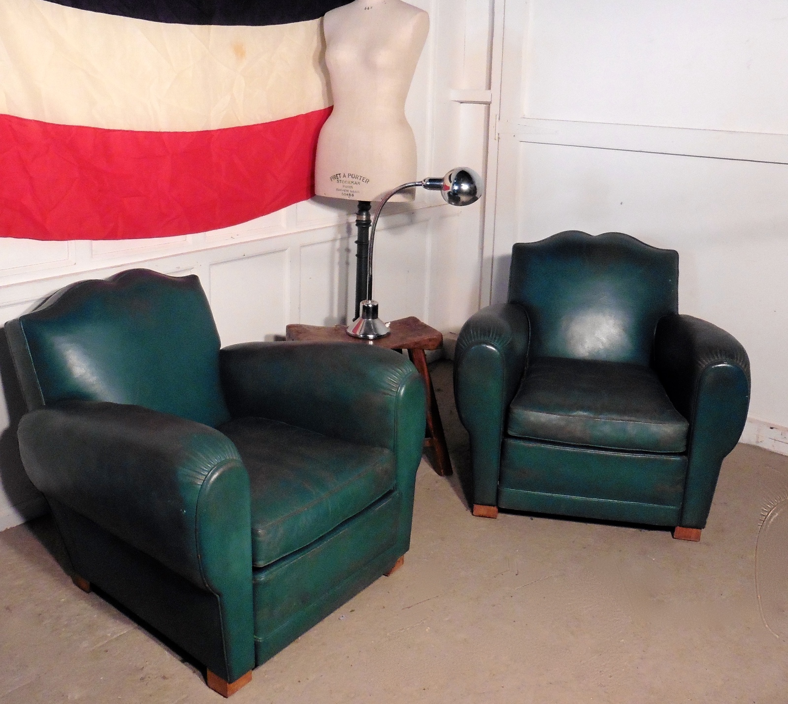 A Pair of 1920s French Art Deco Leather Club Chairs in Green (1 of 1)
