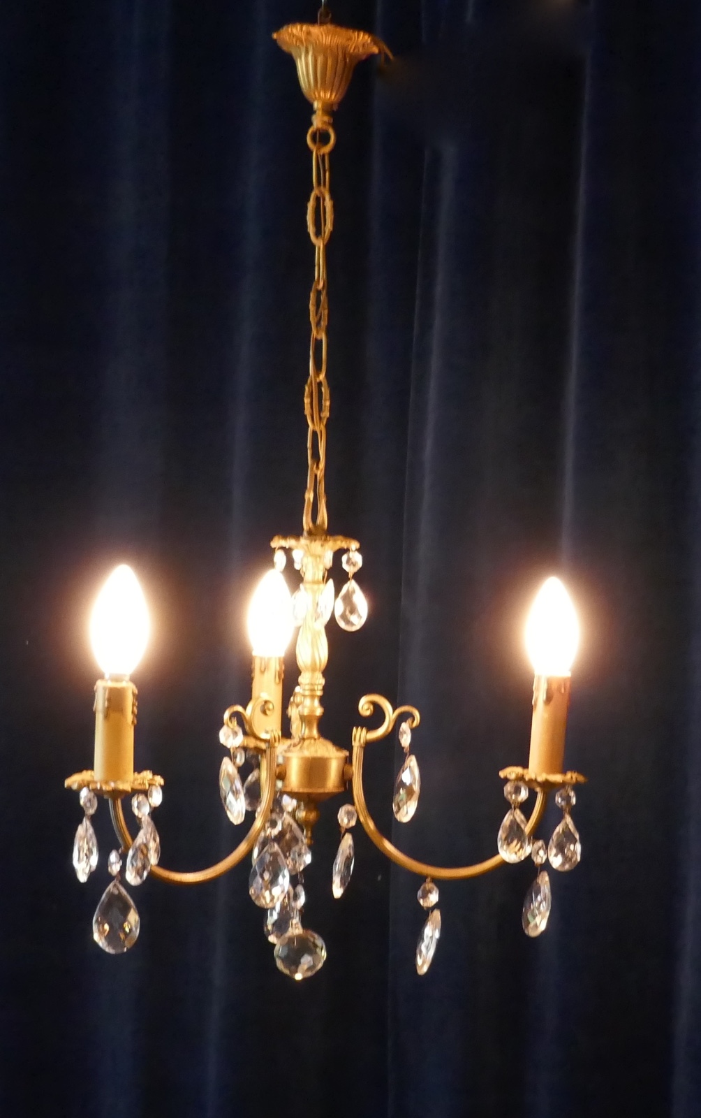 Charming French Cut Glass & Brass 3 Branch Chandelier c.1930 (1 of 1) Charming French Cut Glass & Brass 3 Branch Chandelier c.1930 (1 of 1)