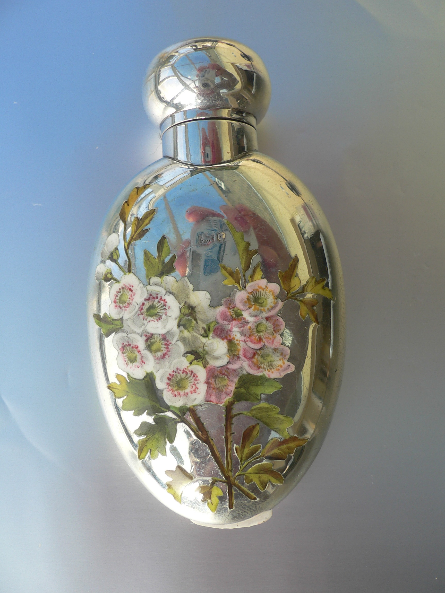 Perfume Bottle in Silver with Pink Enamelled Flowers 1890 (1 of 1)