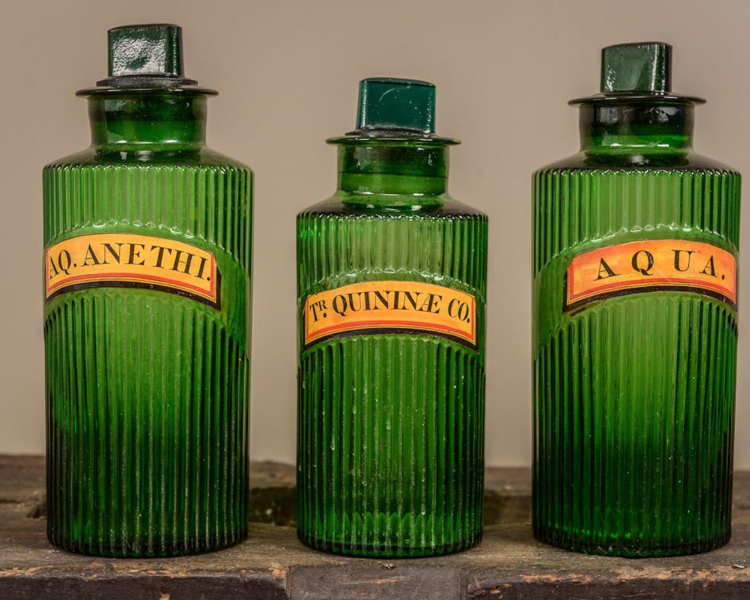 Three green apothecary bottles C. 1920 (1 of 1)