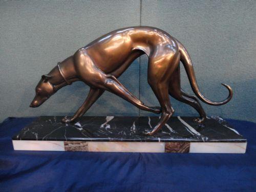 French Art Deco Spelter Dog Set on a Marble & Onyx Base This piece is signed ROCHARD (1 of 1) French Art Deco Spelter Dog Set on a Marble & Onyx Base This piece is signed ROCHARD (1 of 1)