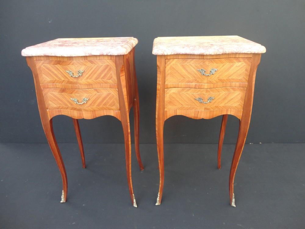 Pair of French Walnut Inlay Marble Top Bedside Cabinets (1 of 1)