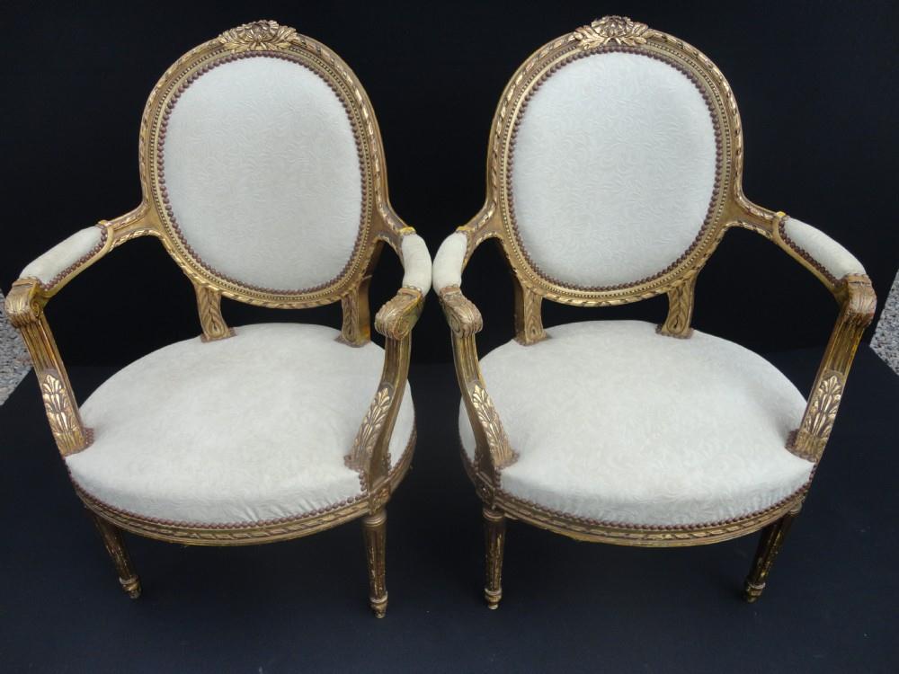 Pair of French Gilt Louis XVI Style Salon Armchairs (1 of 1)