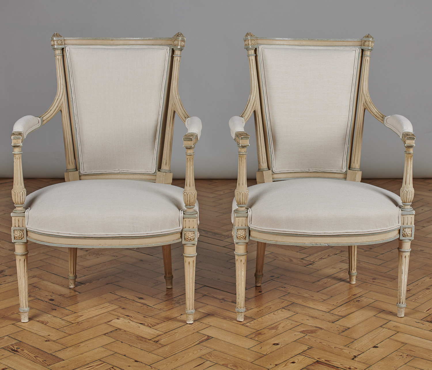 Pair of French Louis XVI Style Painted Upholstered Armchairs (1 of 1) Pair of French Louis XVI Style Painted Upholstered Armchairs (1 of 1)