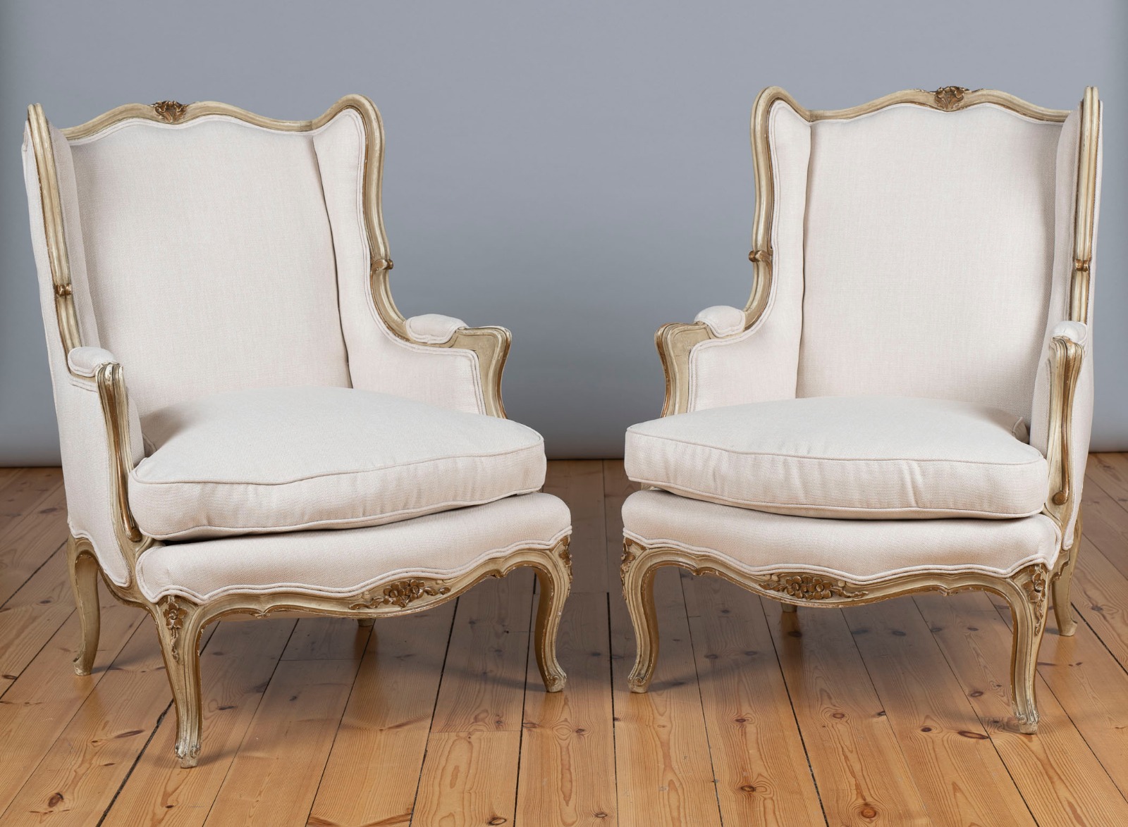Pair of Large French Gilt & Painted Upholstered Bergere Armchairs (1 of 7) Pair of Large French Gilt & Painted Upholstered Bergere Armchairs (1 of 7)