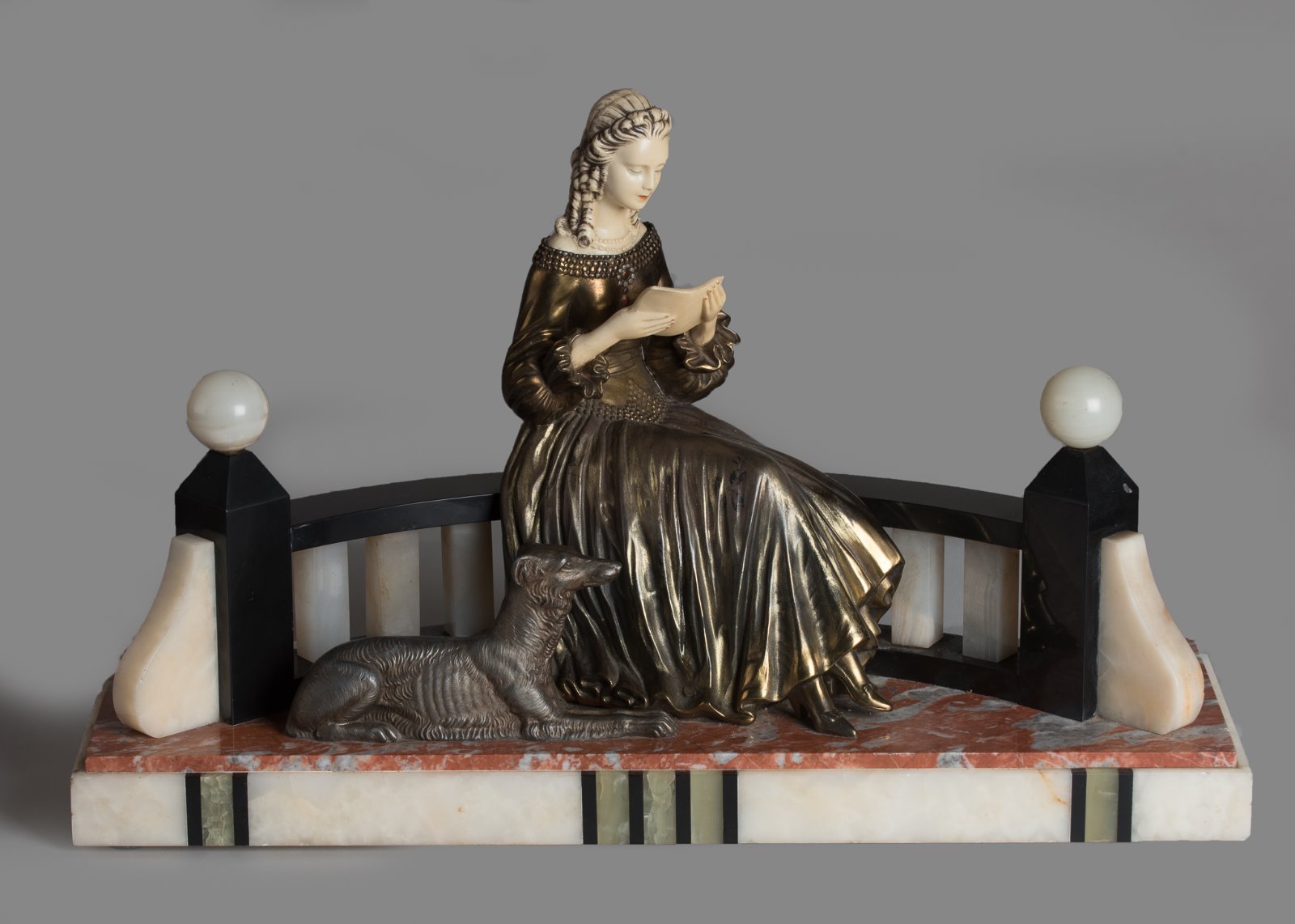 French Art Deco Spelter & Ivorine Sculpture Set on a Marble & Onyx Base (1 of 1) French Art Deco Spelter & Ivorine Sculpture Set on a Marble & Onyx Base (1 of 1)