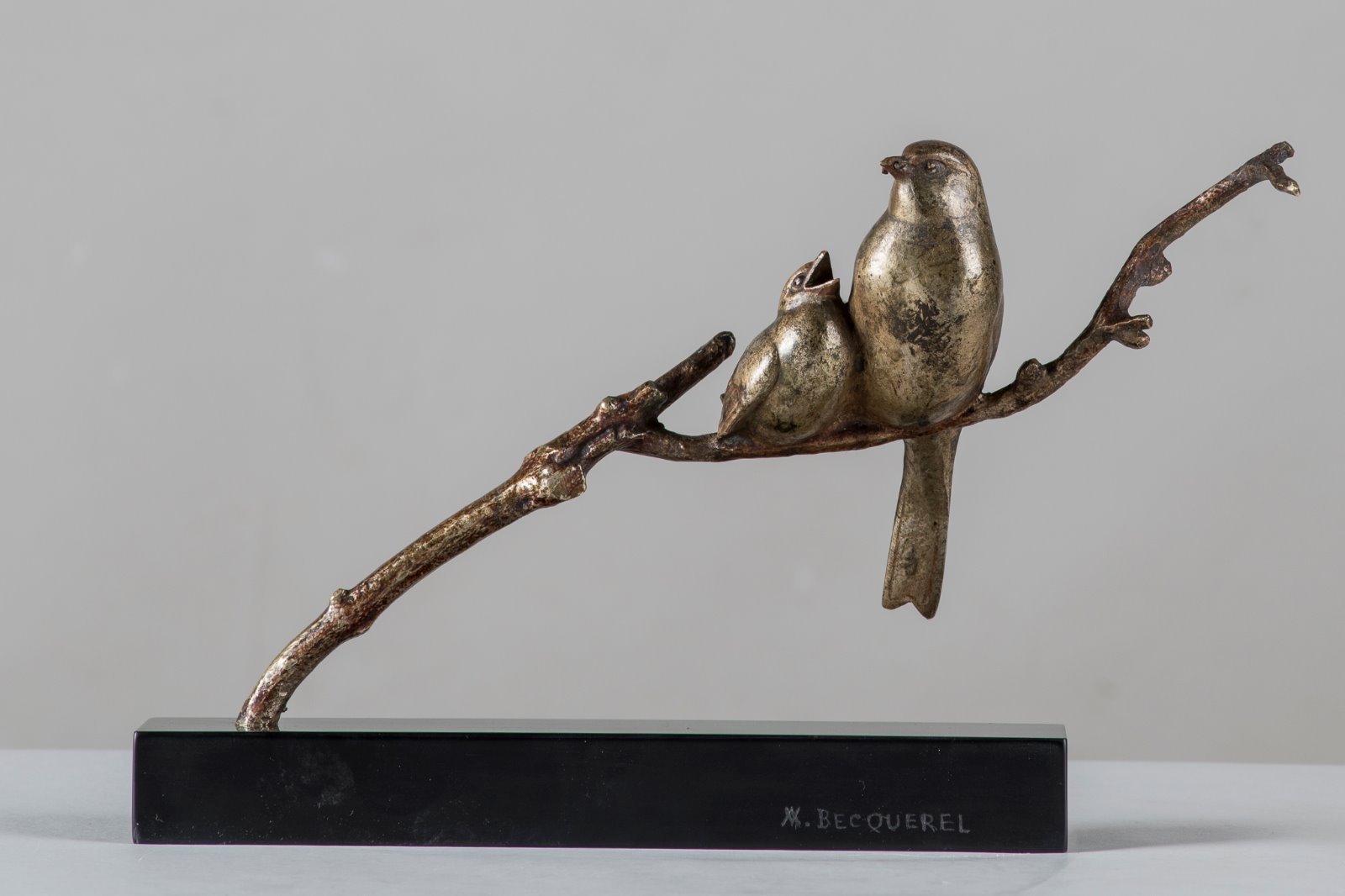 French Art Deco Bronze Sculpture of Two Birds Feeding, Signed Becquerel