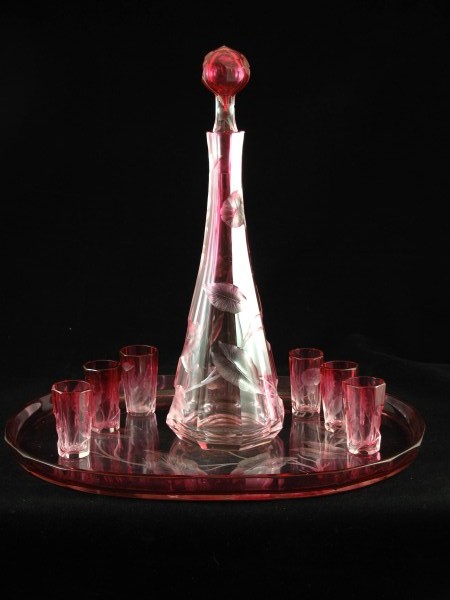 Rare Moser Ruby and Clear Decanter, Tray and 6 Glasses (1 of 4)