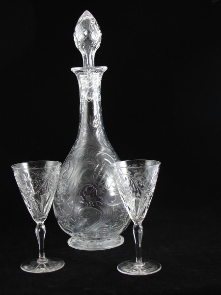 Stevens & Williams Intaglio Cut Decanter & 2 Glasses c.1930 (1 of 1)