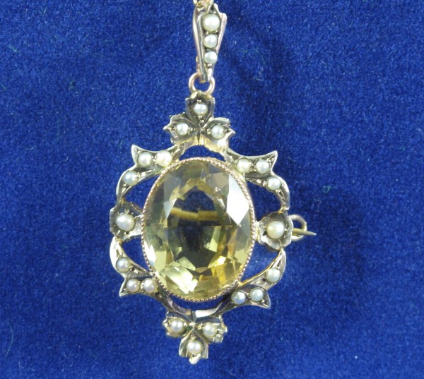 Arts & Crafts Citrine and Seed Pearl 9 Carat Gold Pendant (1 of 4)