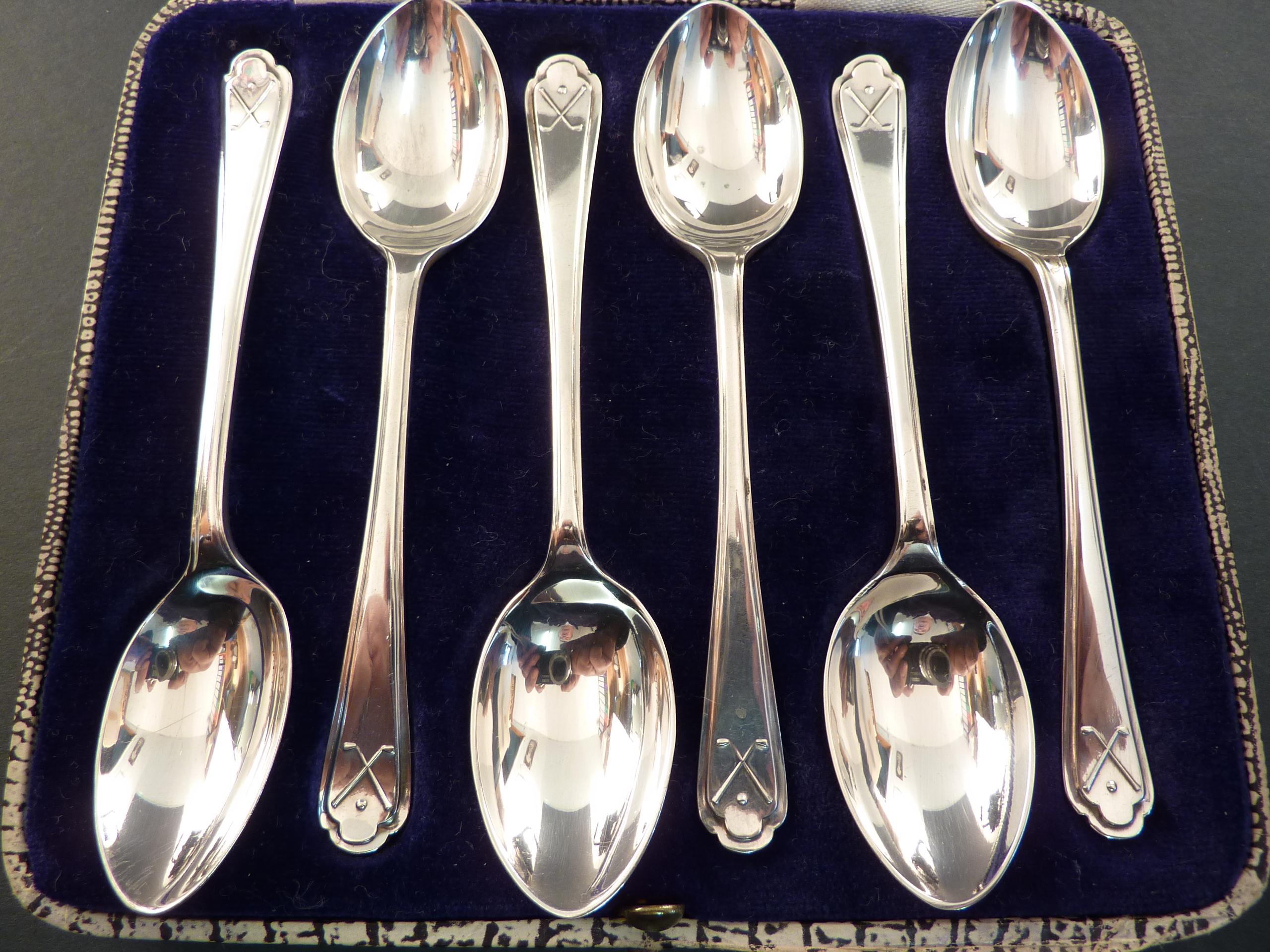 Cased Set of 6 Silver Golf Club Pattern Teaspoons (1 of 1)