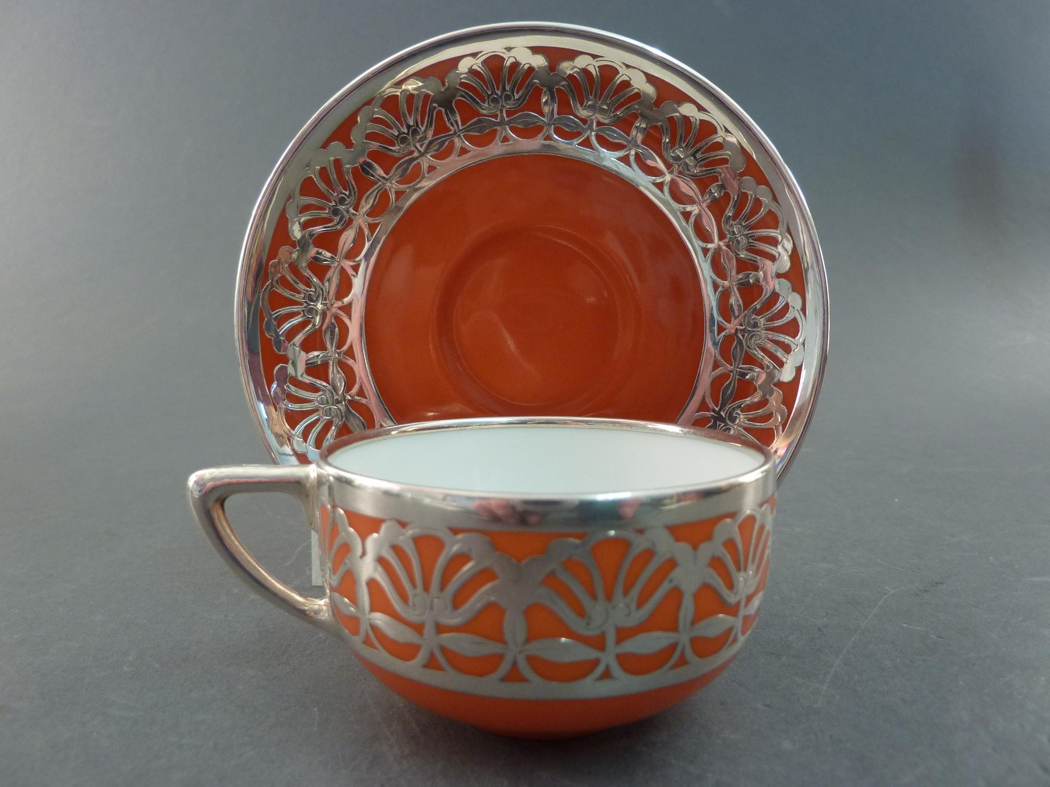 Rosenthal Silver Caged Overlaid Coffee Cup and Saucer Orange Ground Art Deco (1 of 1)
