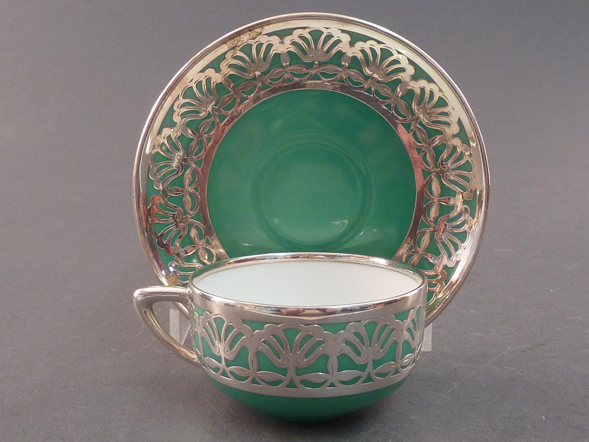 Rosenthal Silver Caged Overlaid Coffee Cup and Saucer Green  Ground Art Deco (1 of 1)