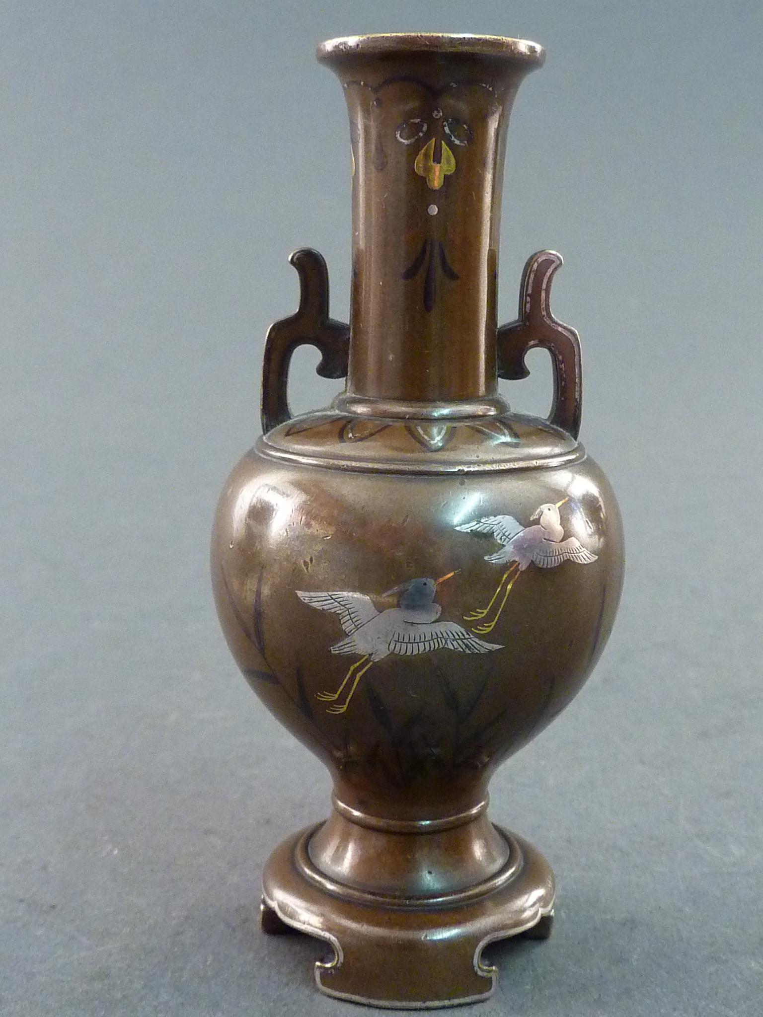 SMALL JAPANESE BRONZE VASE WITH MIXED METAL INLAY BY NOGAWA (1 of 1)