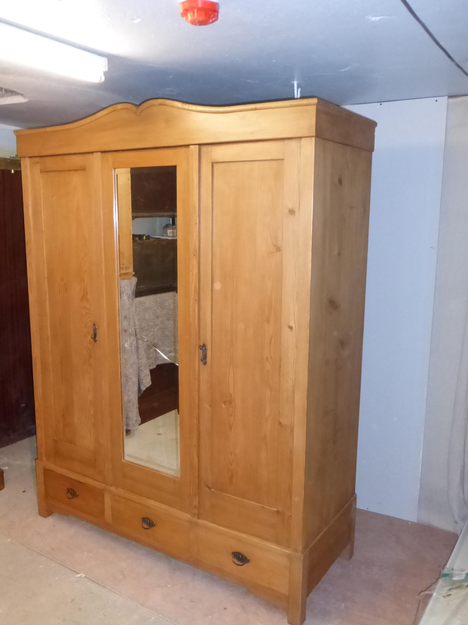 Early 20th Century stripped Continental Pine Triple Wardrobe (1 of 1)