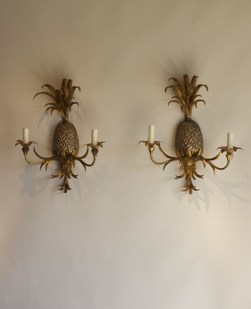 Pair of Gilt Metal Italian Pineapple Wall Sconces (1 of 1)