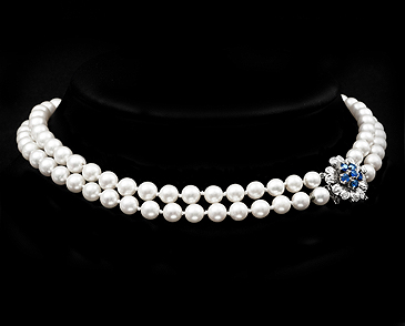 Pearls with Sapphire & Diamond Flower Clasp c1950s (1 of 1)