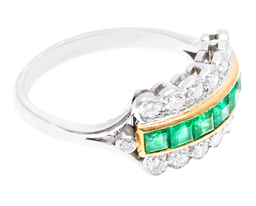 Emerald & Diamond 3 Row Art Deco Ring c.1920 (1 of 1)