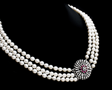 3 Row Pearl Necklace with Ruby & Diamond Clasp c.1950 (1 of 1)