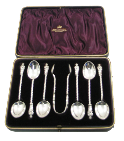 Boxed Set of 6 Silver Apostle Spoons & Sugar Tongs c.1893 (1 of 1)