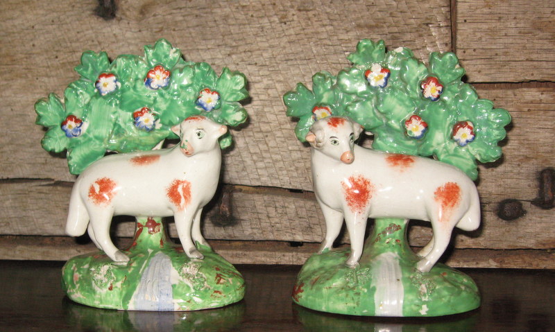Pair Victorian Staffordshire bocage Sheep (1 of 1)