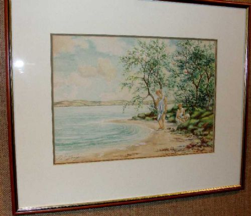 Watercolour 'Children on Beach' by JC Gray c.1925 (1 of 5)