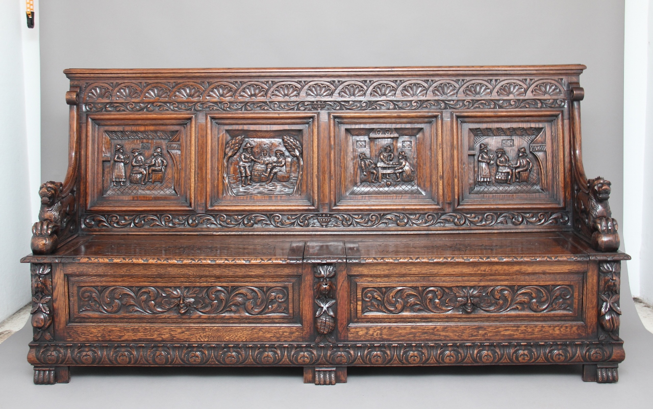 Large 19th Century Carved Oak Box Settle (1 of 1) Large 19th Century Carved Oak Box Settle (1 of 1)