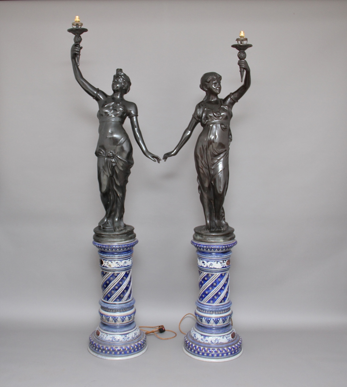 Pair of Bronze Figural Lamps on China Bases c.1920 (1 of 8)