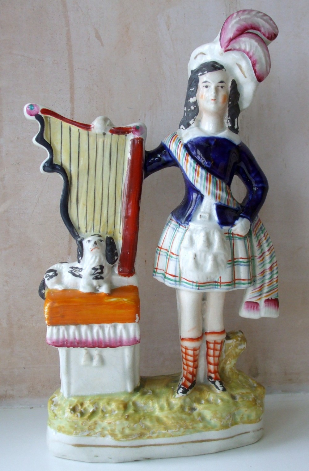 Staffordshire Pottery Figure Highland Boy, Dog and Harp ~ H1572 (1 of 5)