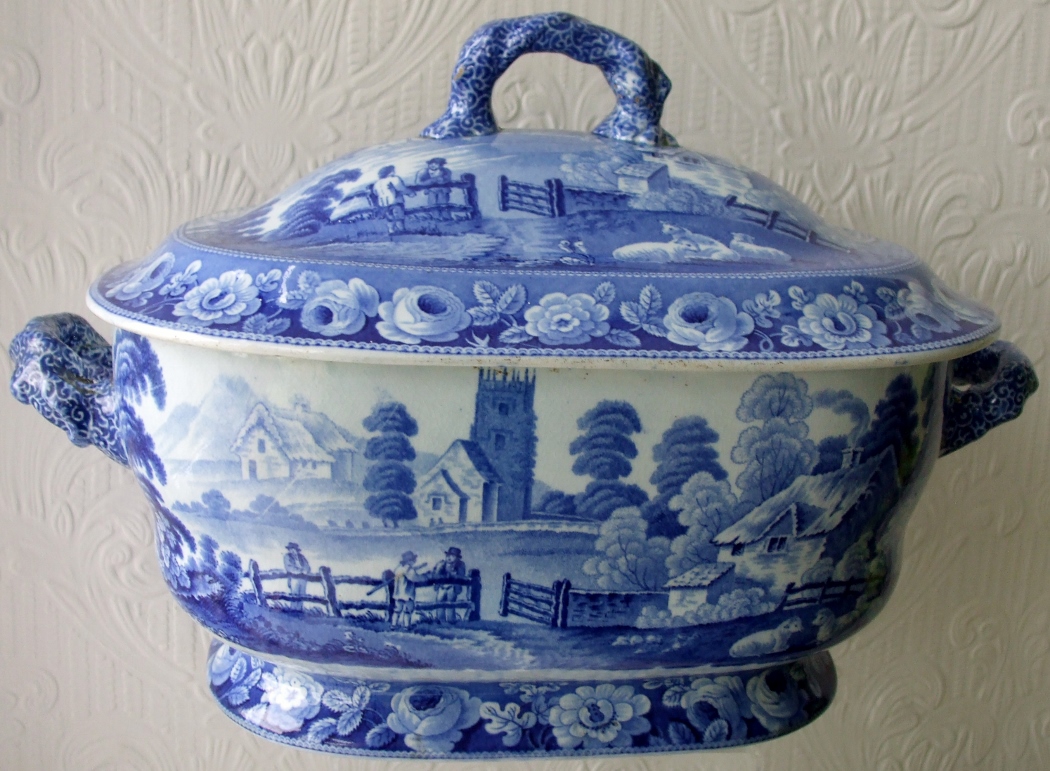 English Georgian Blue & White Transfer "Village Church" Pattern Pottery Tureen and Cover (1 of 1)