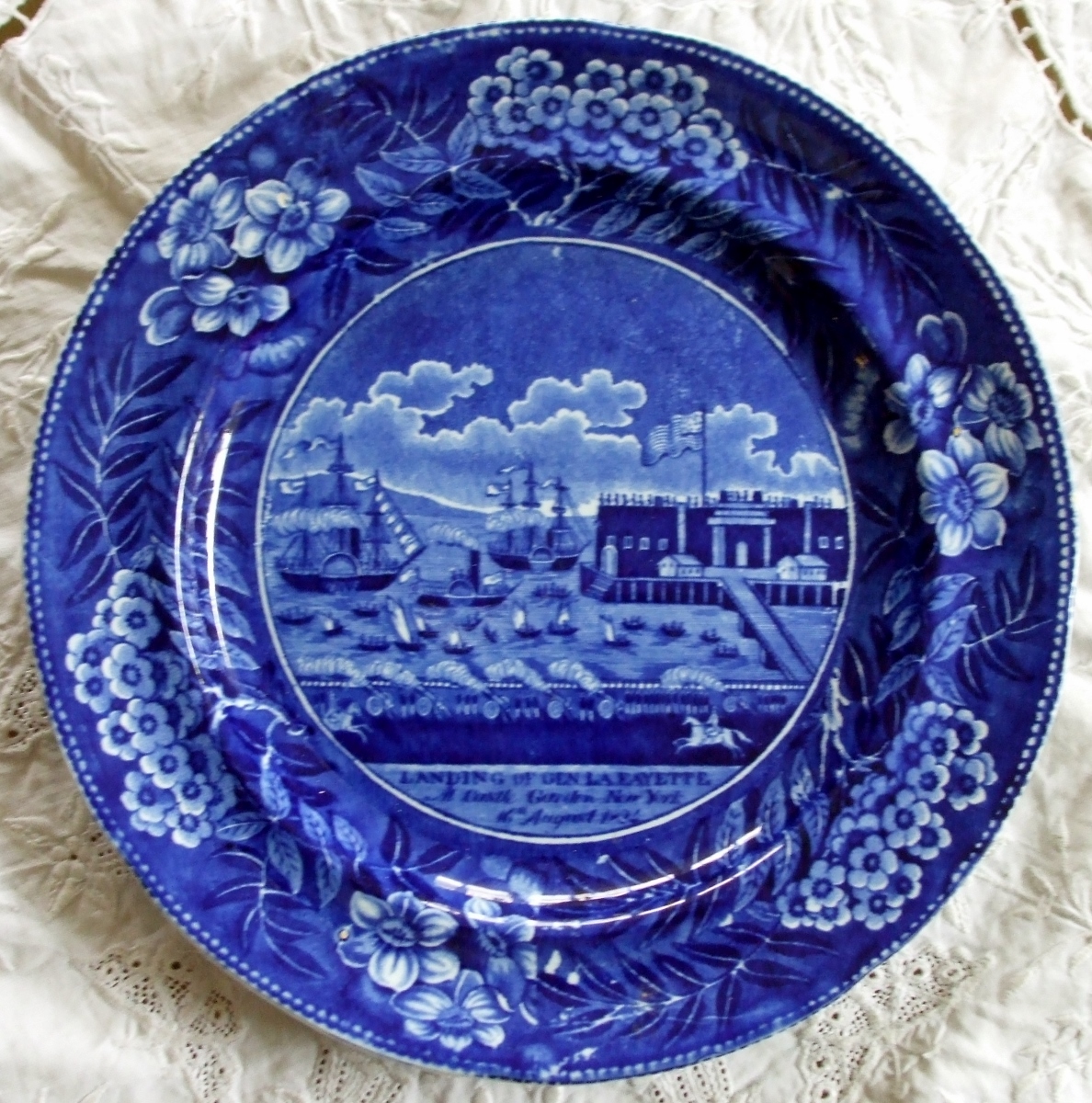 Antique English Georgian Blue and White Transfer Pottery Plate ~ "The Landing of Gen. La Fayette" (1 of 1)