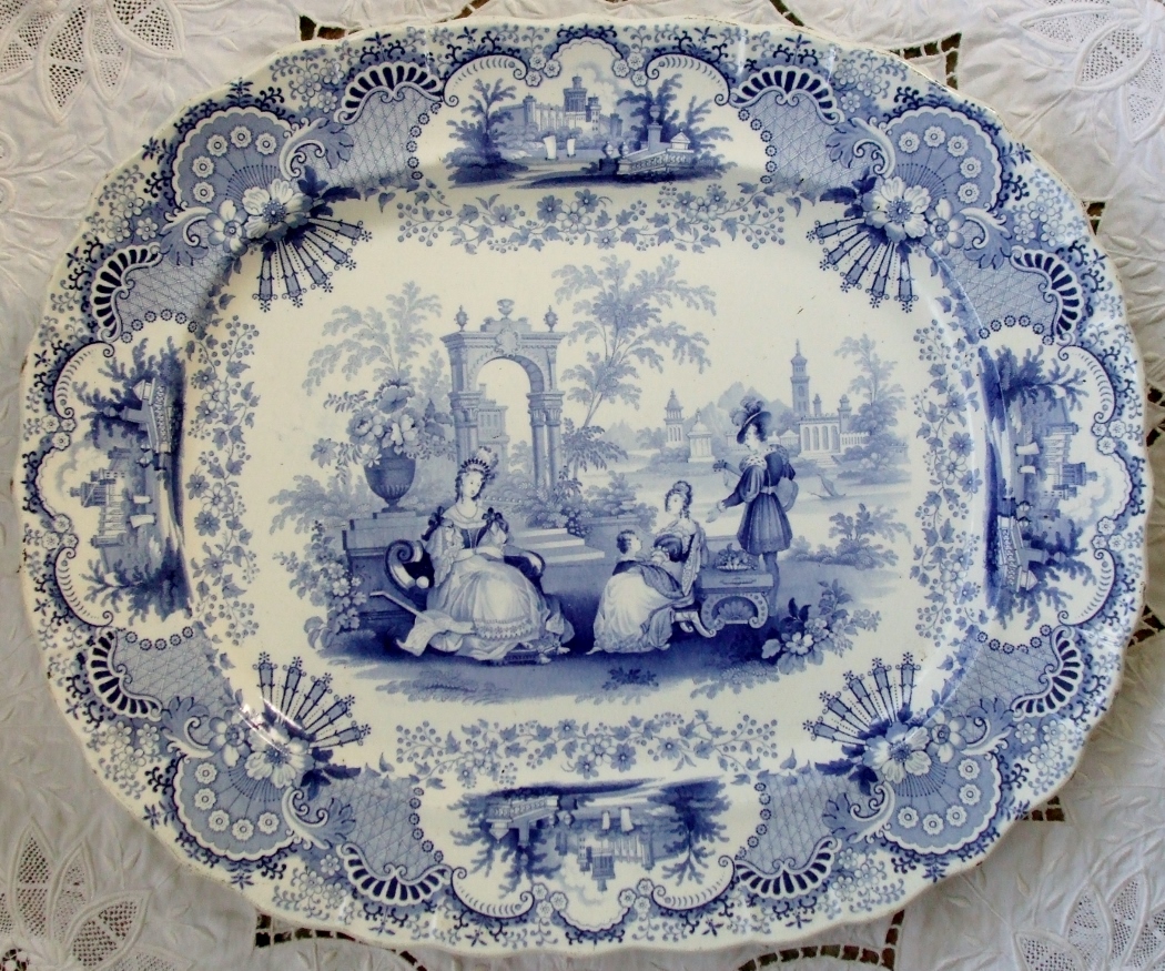 Antique English Victorian Blue and White Transfer "Spanish Beauties" Pattern Pottery Dish (1 of 1)
