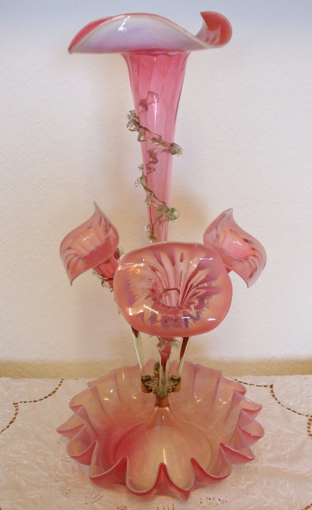 Antique English Victorian Pink Vaseline Glass Jack-in-the-Pulpit Epergne (1 of 1)