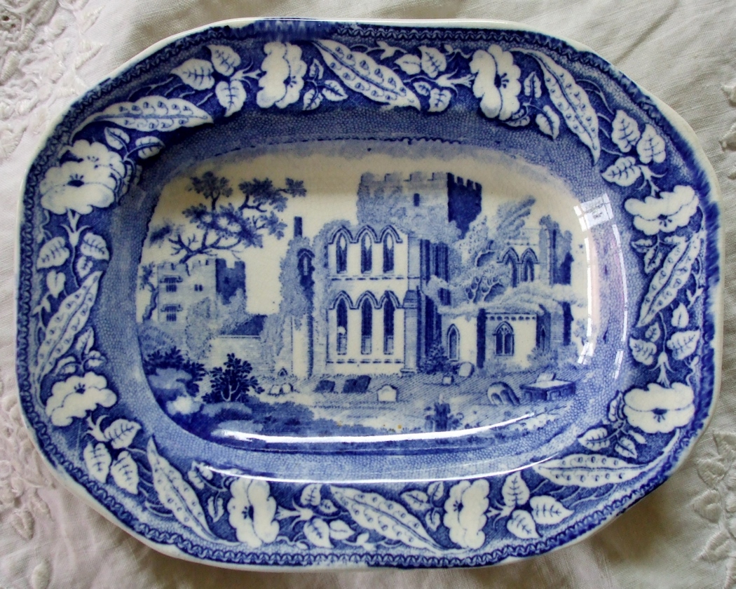 Antique English Victorian or Edwardian Blue and White Transfer "Lanercost Priory" Pattern Pottery Dish  ~ Mintons (1 of 1)