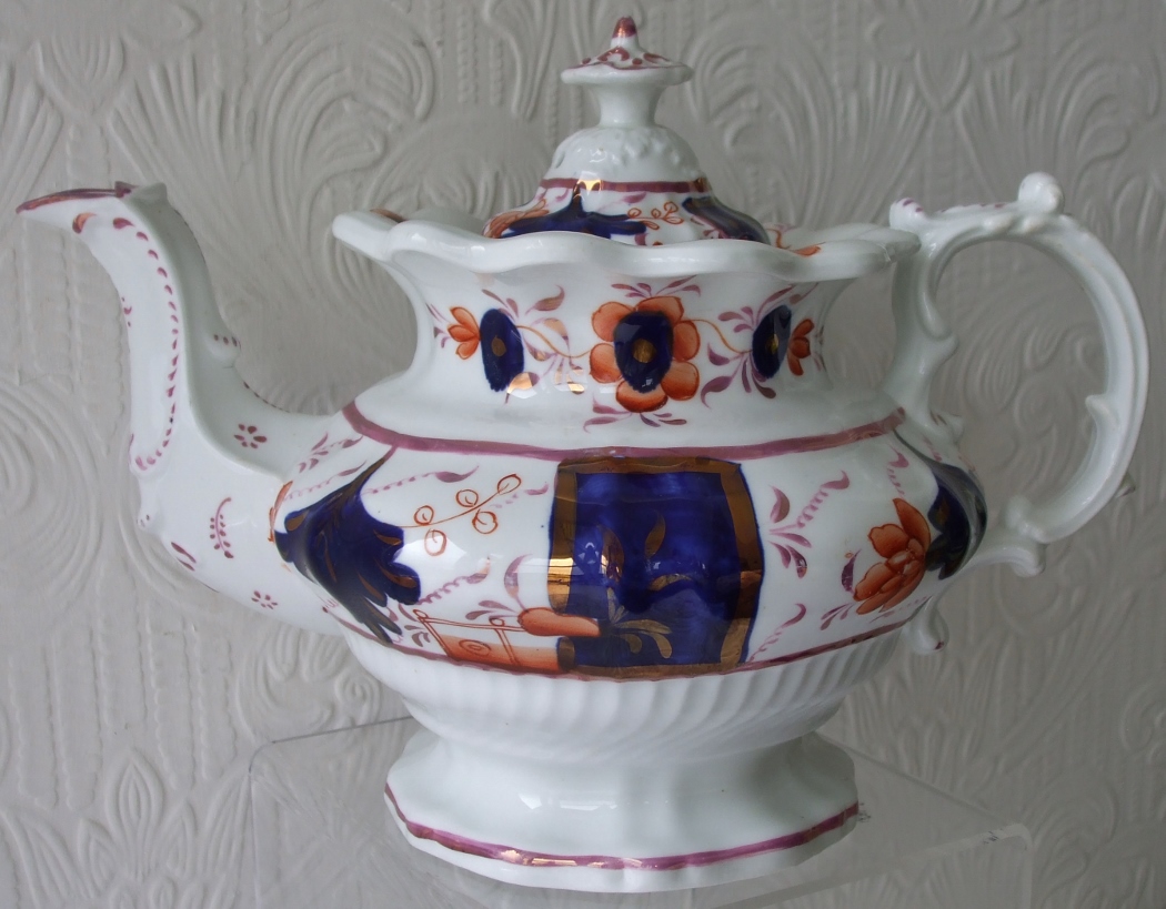 Antique Victorian Gaudy Welsh "Buckle" Pattern Porcelain Teapot (1 of 1)