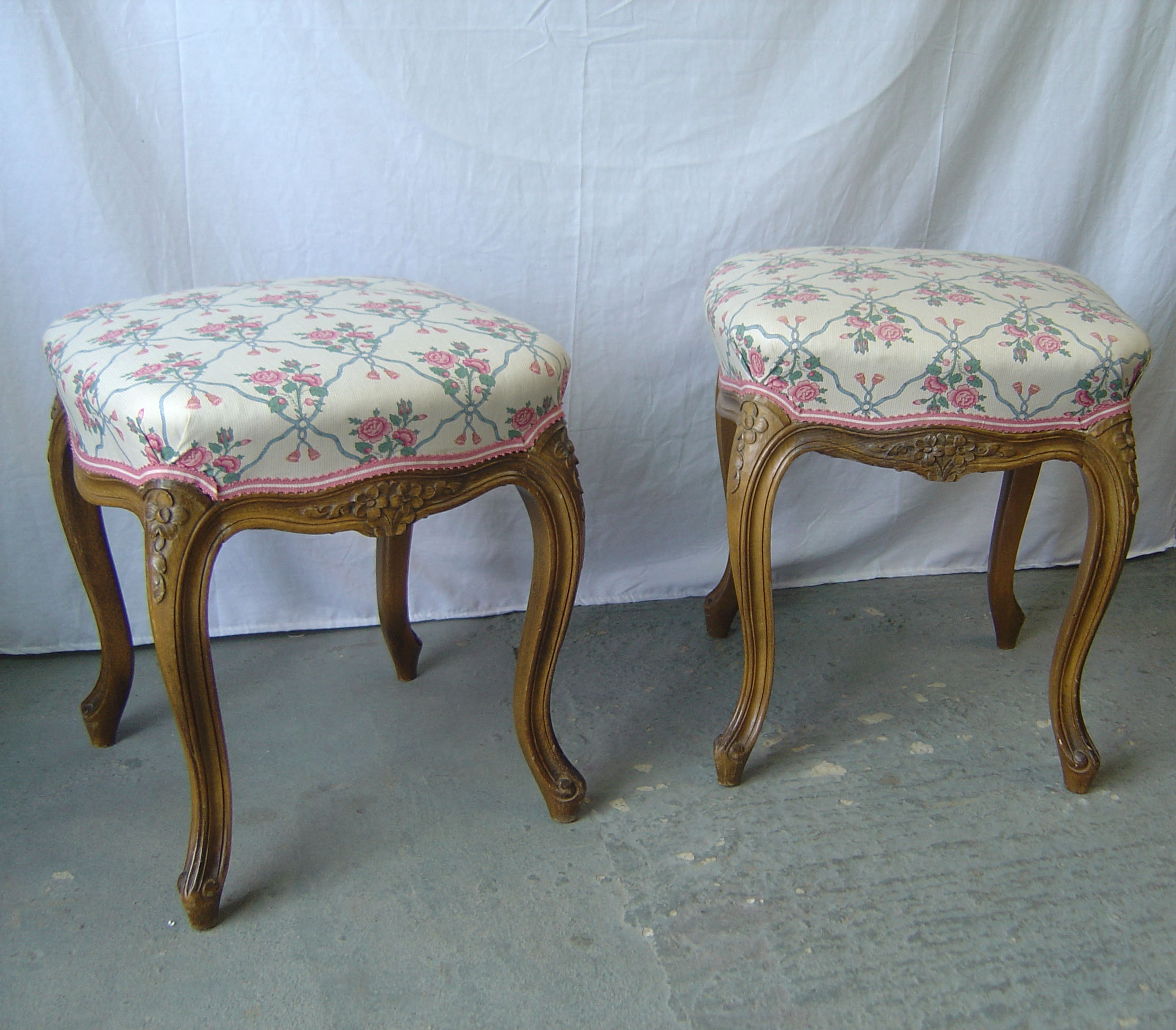 Pair of French Upholstered Sprung Stools c.1920 (1 of 1) Pair of French Upholstered Sprung Stools c.1920 (1 of 1)