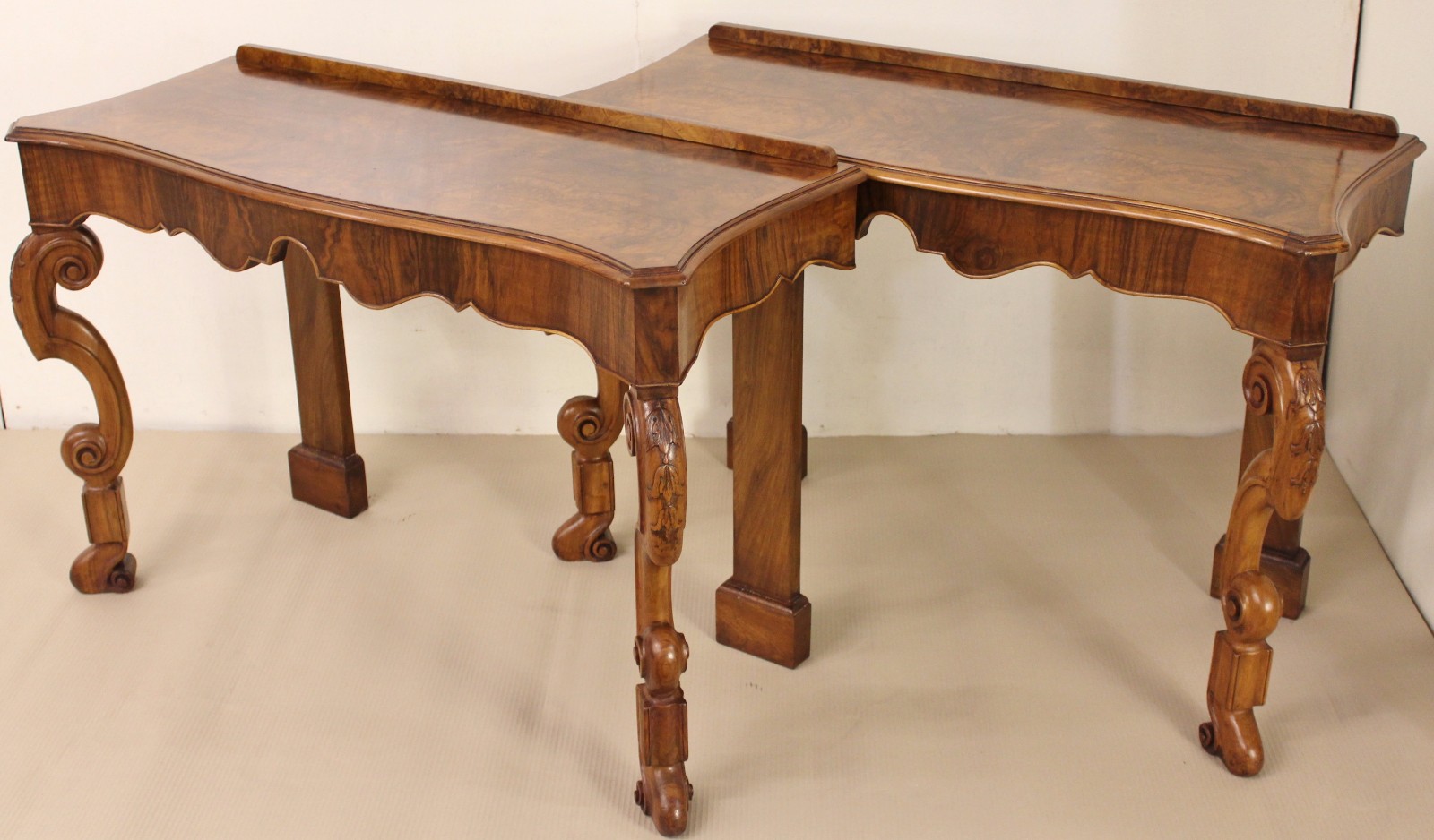 Pair of Serpentine Burr Walnut Console Tables c.1900 (1 of 1) Pair of Serpentine Burr Walnut Console Tables c.1900 (1 of 1)