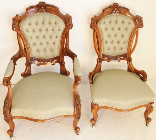 Pair Walnut Victorian Showood Chairs c.1860 (1 of 1)