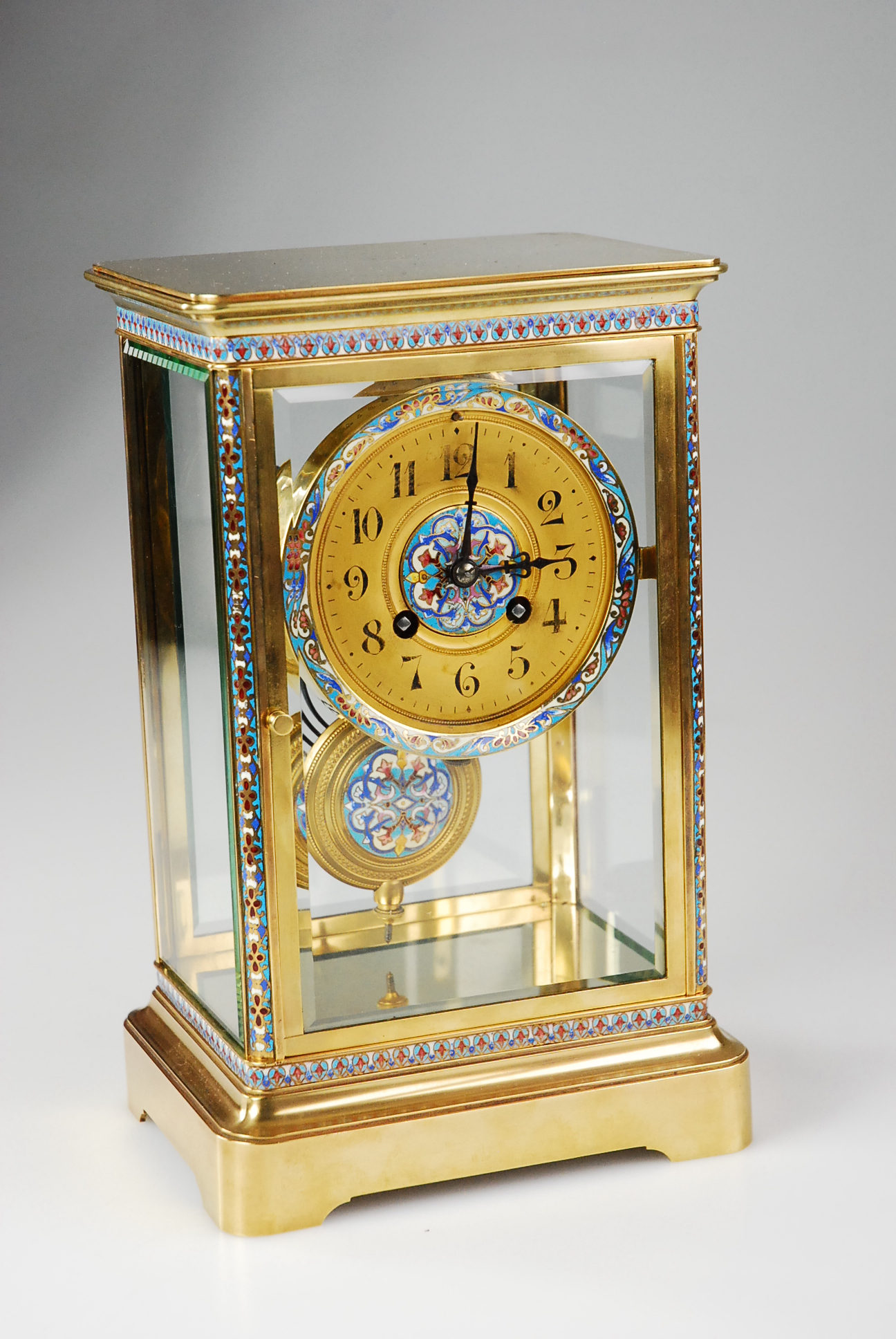 An Eight Day Four Glass and Champleve Enamel Case Mantel Clock c.1890 (1 of 1) An Eight Day Four Glass and Champleve Enamel Case Mantel Clock c.1890 (1 of 1)