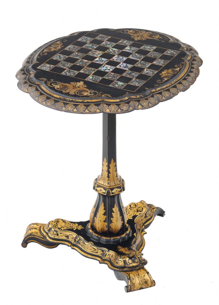 Antique Victorian 19th Century Tilt Top Mother of Pearl Inlaid Papier Mache Games Table (1 of 1) Antique Victorian 19th Century Tilt Top Mother of Pearl Inlaid Papier Mache Games Table (1 of 1)